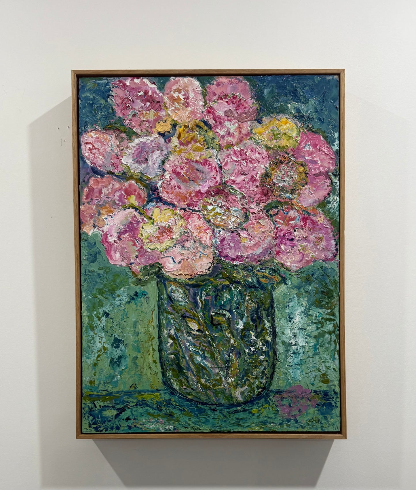 'Peachy Pinks in a Blue Vase'